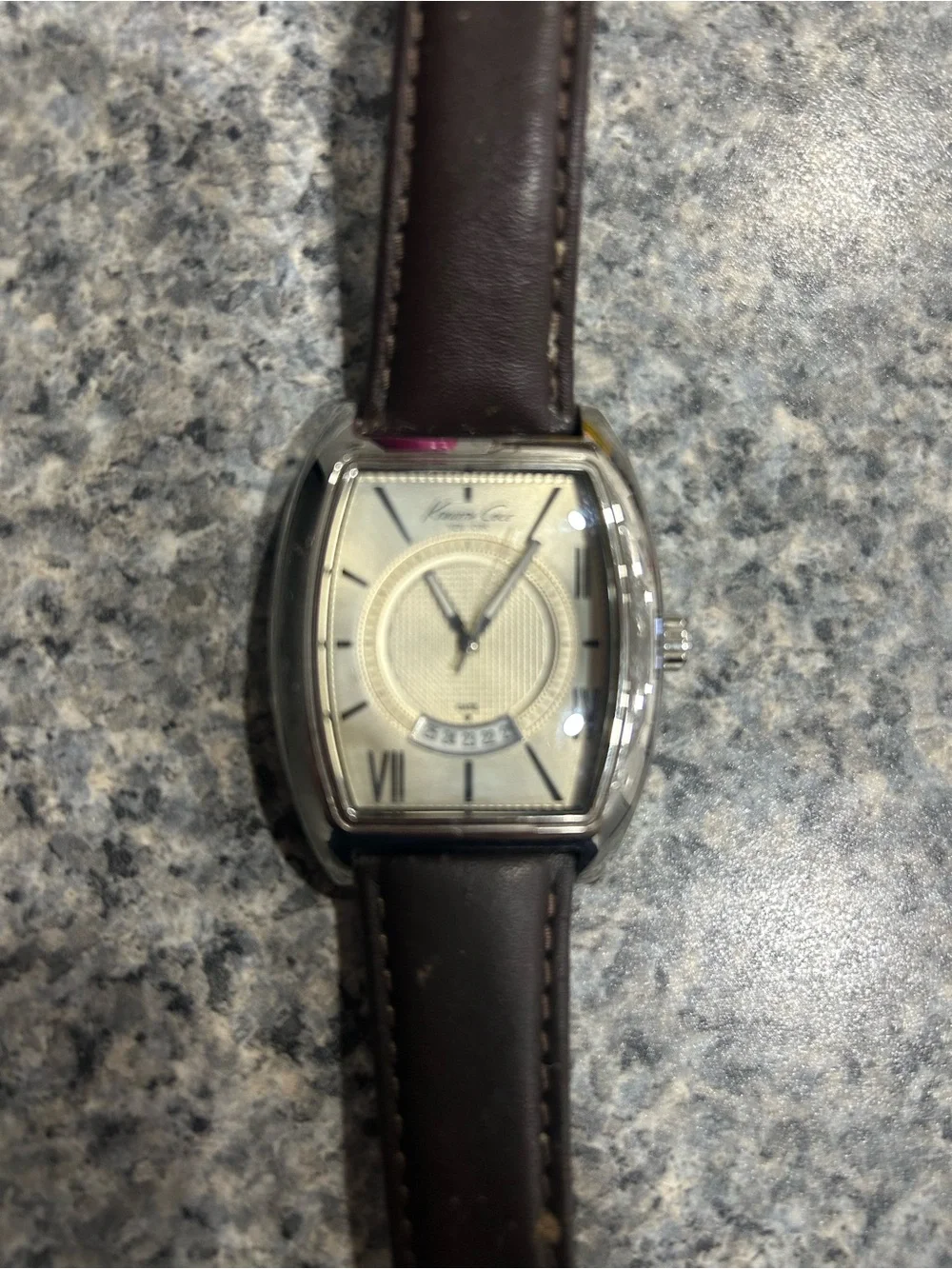 Kenneth Cole Silver-Tone Case Watch with Brown Leather Strap